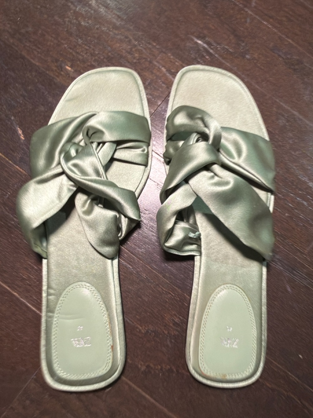 Satin Knotted Slide Sandals in Sage Green